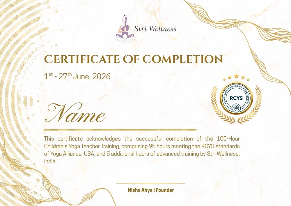 Stri Wellness Certificate of Completion for the 100-Hour Kids Yoga Teacher Training