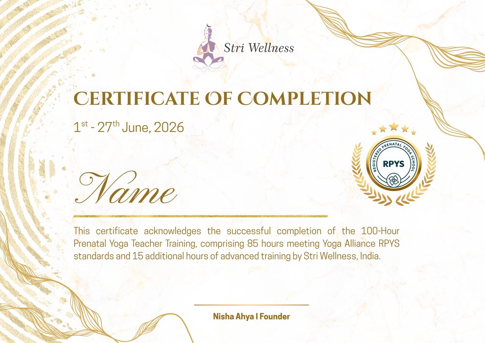 Stri Wellness Certificate of Completion for the 100-Hour Prenatal Yoga Teacher Training, meeting Yoga Alliance RPYS standards