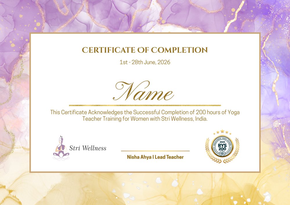 Sample Stri Wellness Certificate of Completion for the 200-Hour Yoga Teacher Training for Women