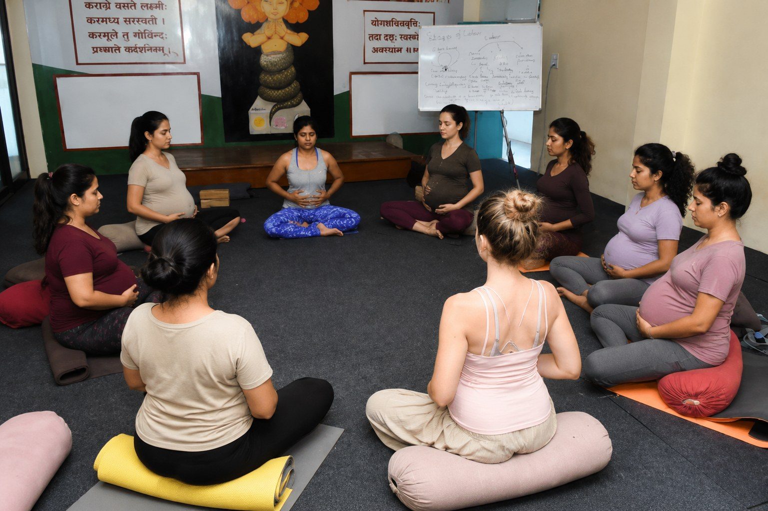 A small circle of women, several visibly pregnant, in a seated yoga therapy class learning about the stages of labour and birth