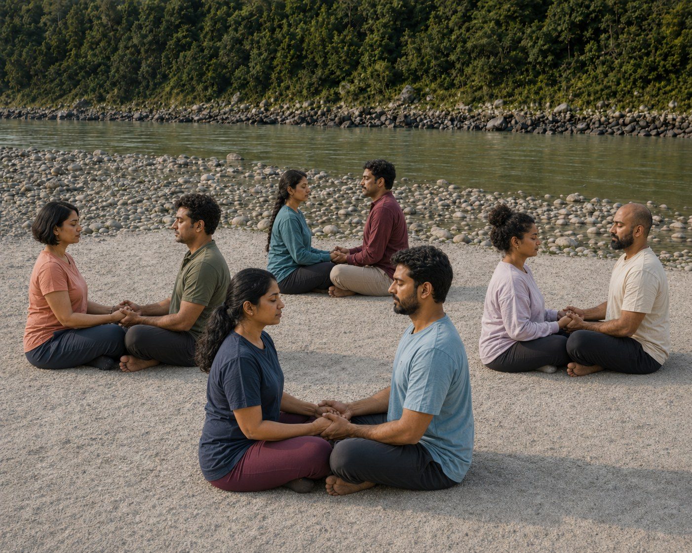 Couples meditating together, holding hands, on a riverbank in Uttarkashi