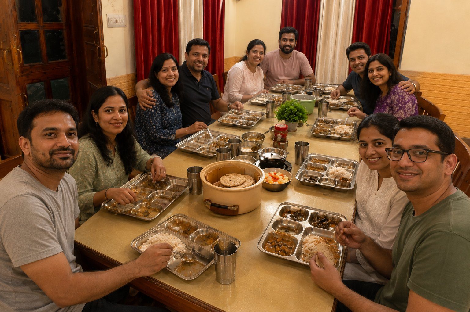 Couples and friends sharing a meal together around the dining table