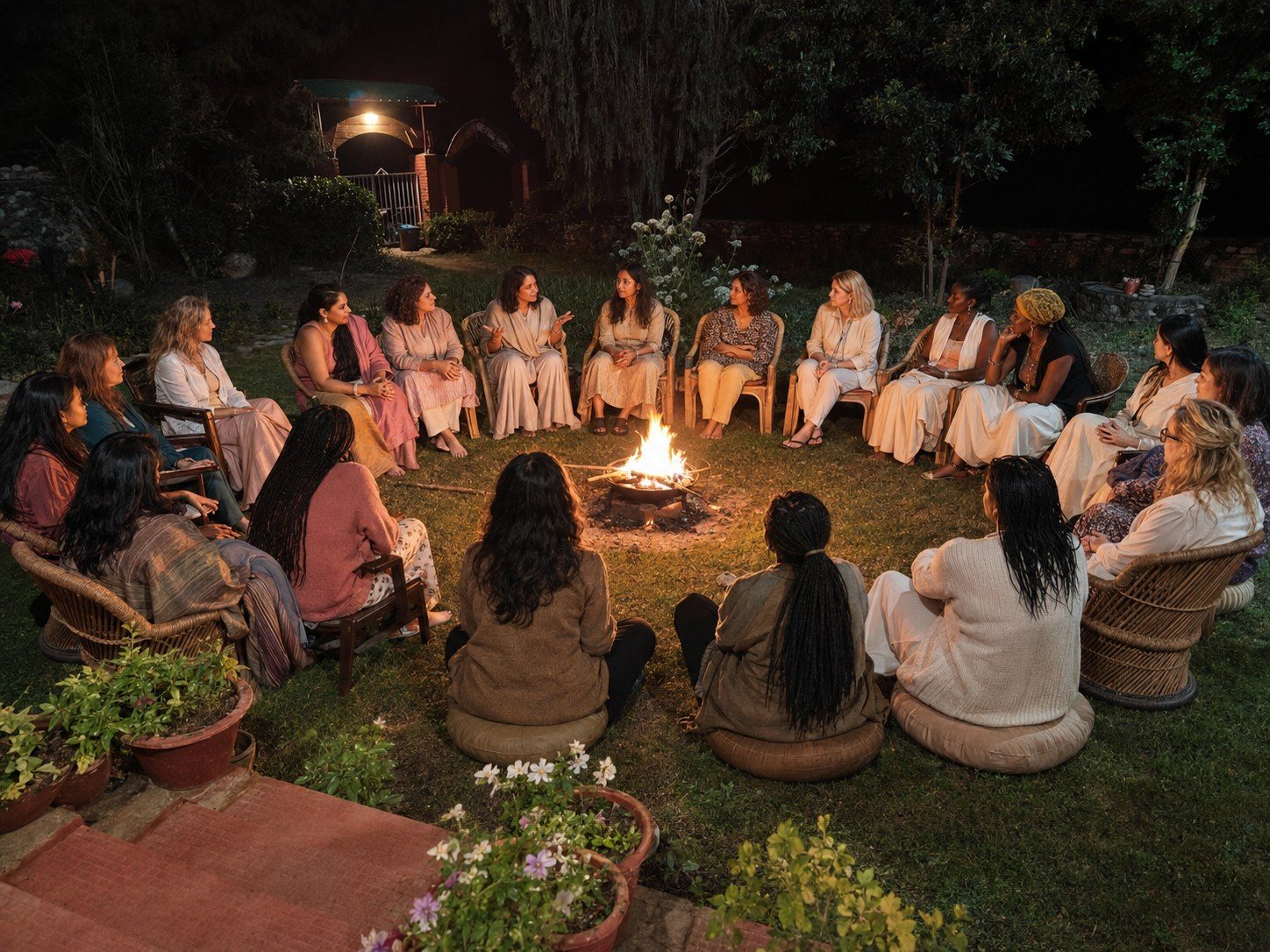 A large group of women gathered in a firelit sharing circle outdoors at night
