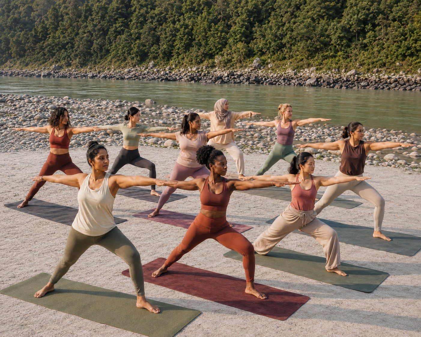 A diverse group of women practising warrior pose together outdoors on a riverbank at sunrise