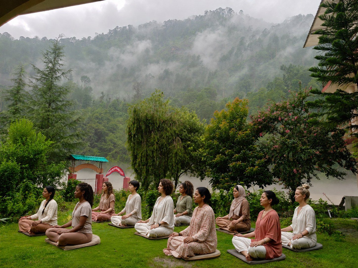 A diverse group of yoga teacher trainees seated in meditation together on the misty campus lawn