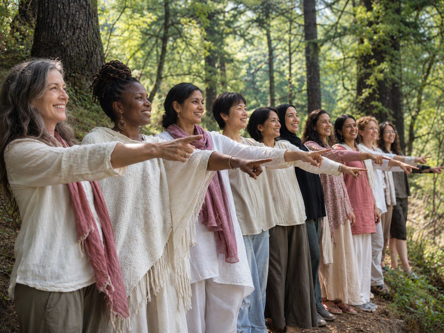 A diverse group of women standing together in a forest, looking out and pointing toward the trees