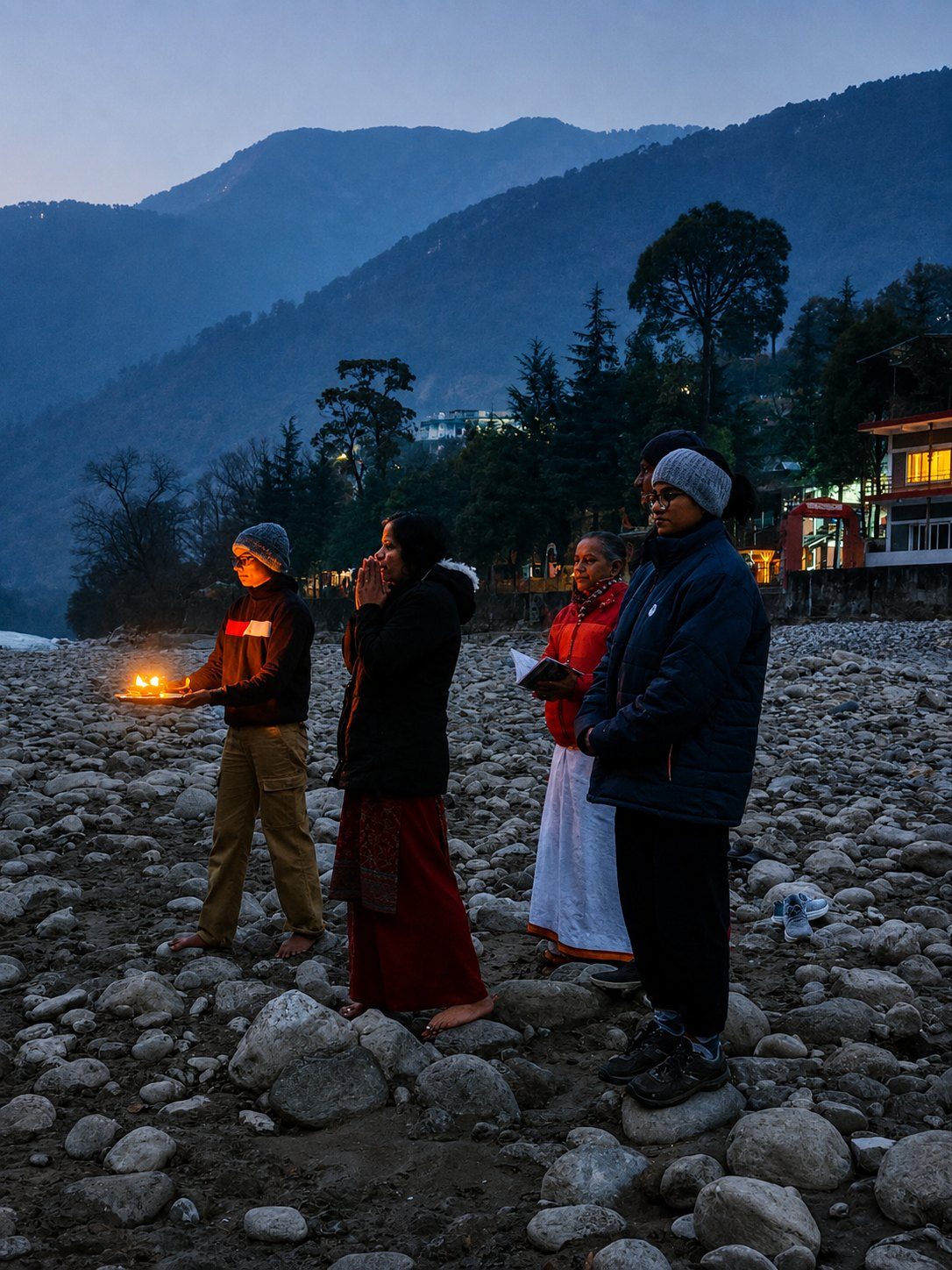 A small evening aarti on the stony banks of the Bhagirathi, mountains rising behind